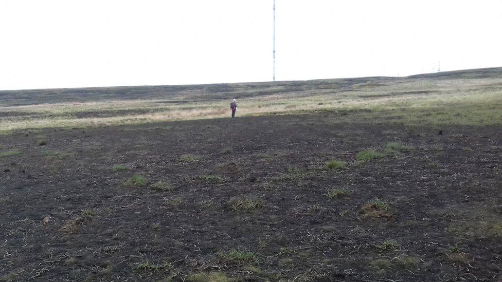 Scarred moorland with Winter Hill transmitter in background