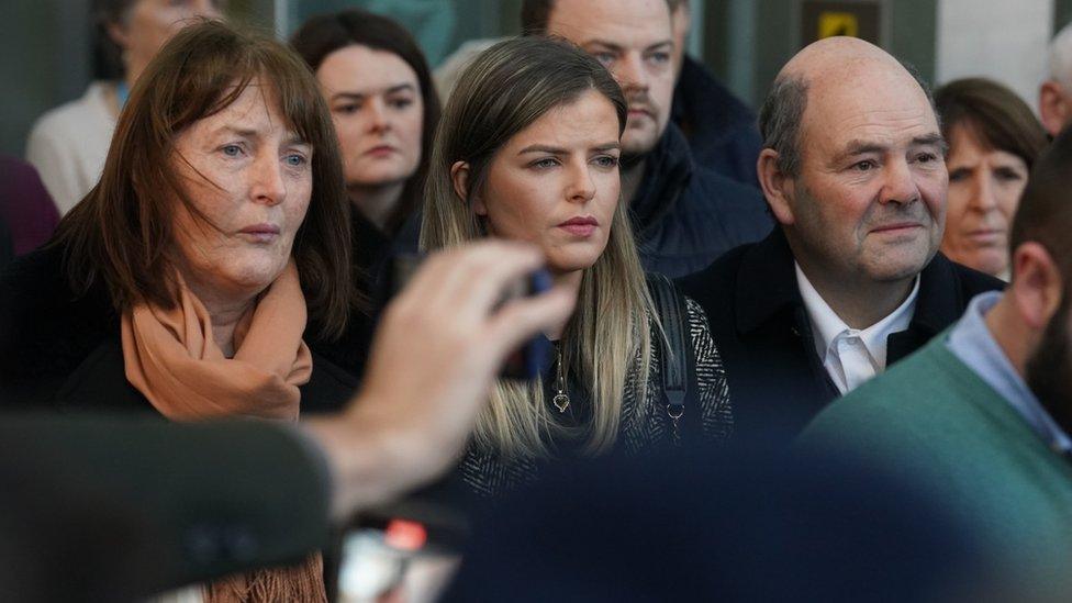 The parents of murdered teacher Ashling Murphy, Kathleen (left) and Raymond (right) and her sister Amy (centre),