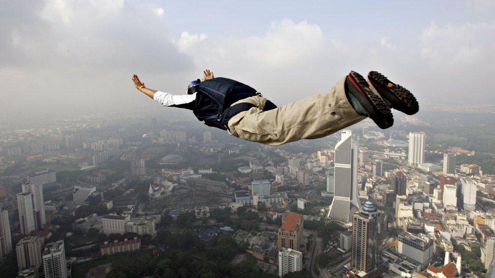 A base jumper in Kuala Lumpur, Malaysia