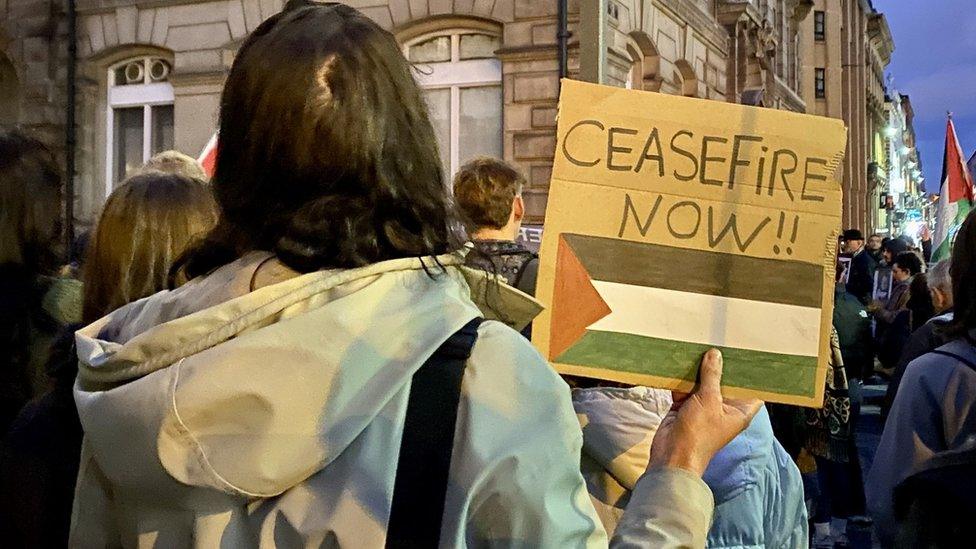 Woman holding placard with Palestine flag on it, which reads "Ceasefire Now"