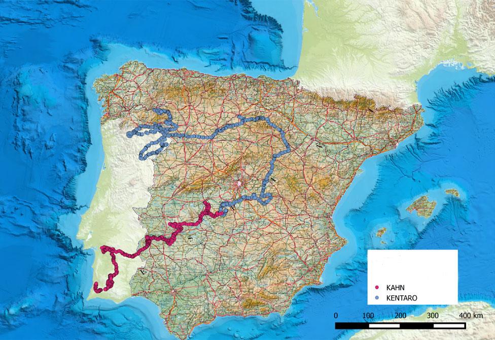 Map showing routes taken by Kahn and Kentaro