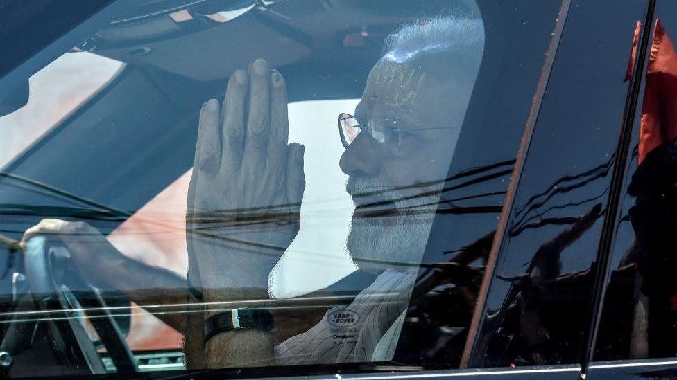 Narendra Modi leaves the Kashi Vishwanath Temple on May 27, 2019 in Varanasi, India.