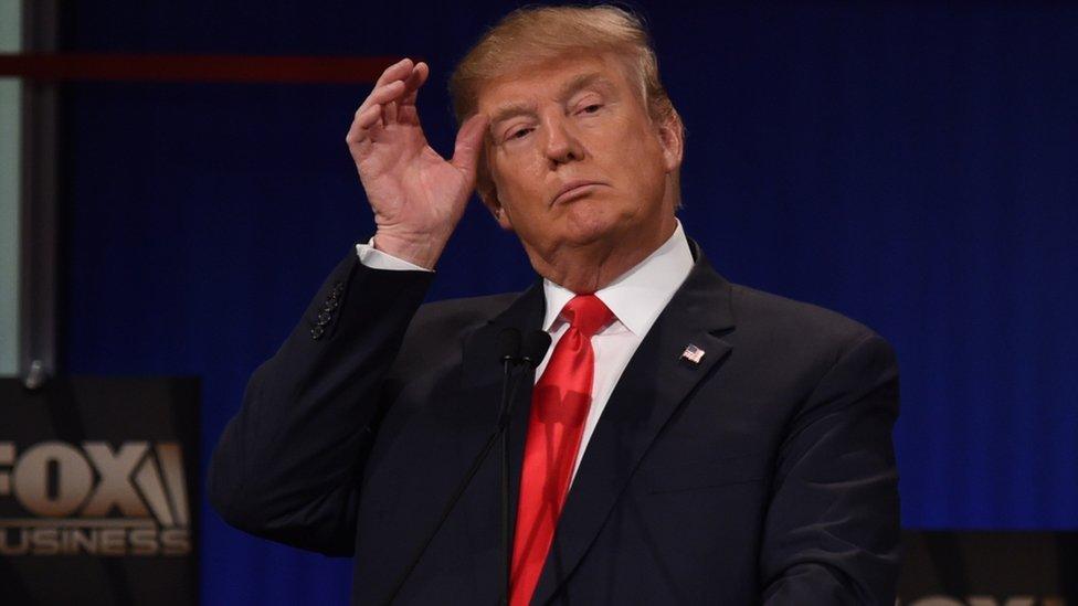 Republican Presidential candidate businessman Donald Trump participates in the Republican Presidential debate sponsored by Fox Business and the Republican National Committee at the North Charleston Coliseum and Performing Arts Center in Charleston, South Carolina on January 14, 2016