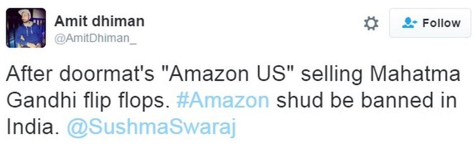 "After doormat's "Amazon US" selling Mahatma Gandhi flip flops. #Amazon shud be banned in India. @SushmaSwaraj"