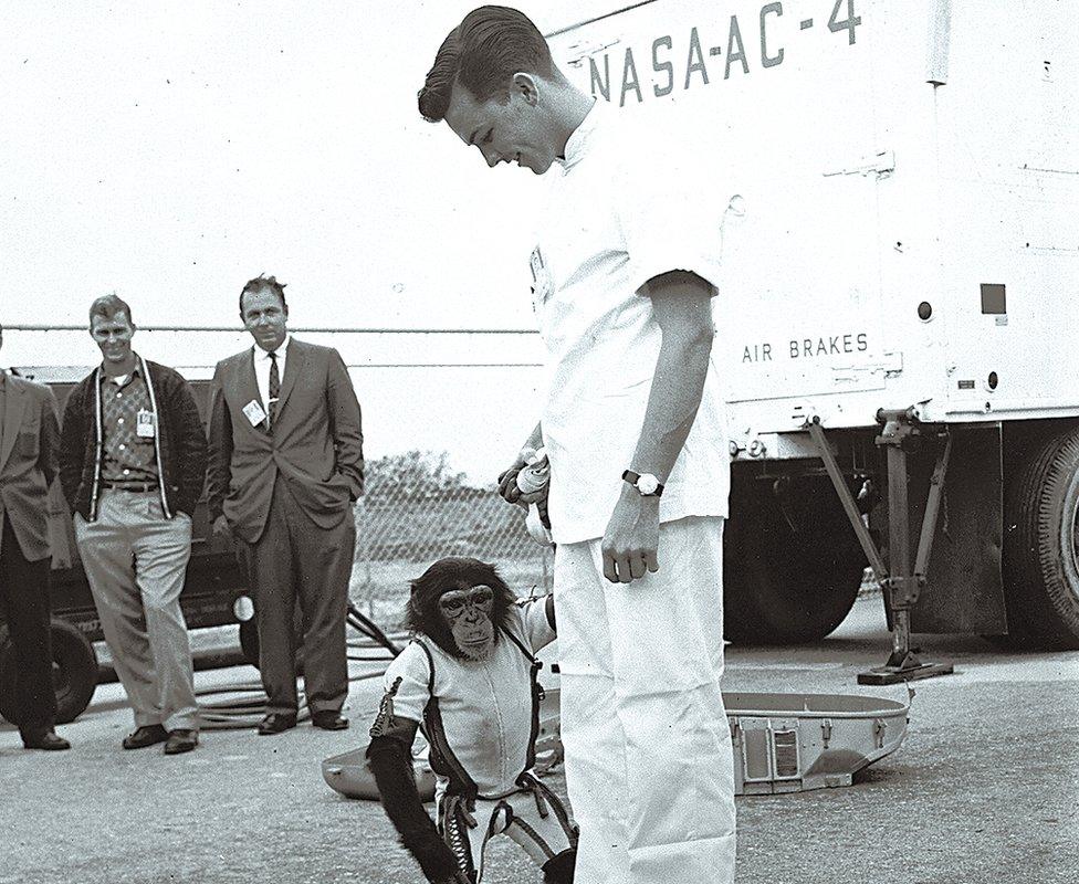 US astronaut Alan Shepard with chimpanzee Ham who preceded him in space