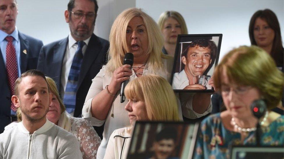 Joanna Hamilton, whose brother Roy died in the Hillsborough disaster, speaks during a press conference in Warrington