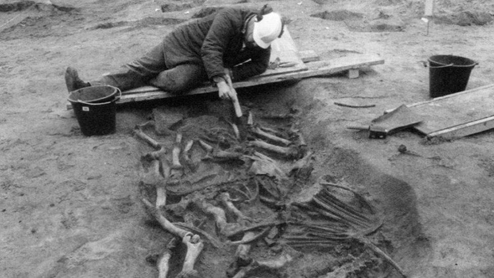 'Horse burial pit under excavation at Elverton Street, London”. Image credit: ©MOLA.