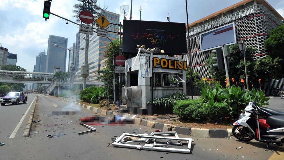 A general view shows the scene of a bomb blast at a police station in front of a shopping mall in Jakarta, Indonesia, 14 January 2016