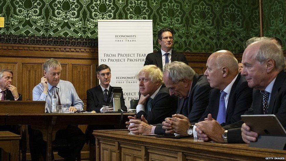 Boris Johnson, Iain Duncan Smith, Jacob Rees-Mogg and other Tory MPs at the launch of the Economists For Free Trade report