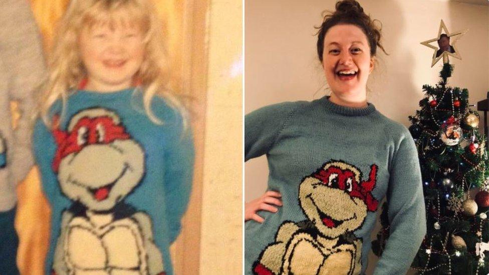 Hannah George wearing her Teenage Mutant Ninja Turtle jumpers aged three and 33