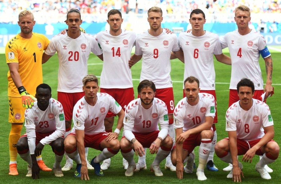 The Denmark starting XI pose for a team photograph before kick-off against Australia on June 21, 2018