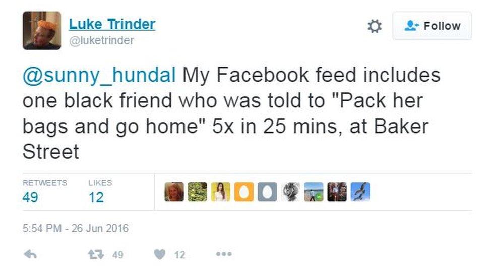 @sunny_hundal My facebook feed includes one black friend who was told to pack her bags and go home 5x in 25 mins at baker Street