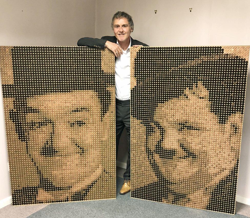 Julian Pickford, with coin portraits of Laurel and Hardy, which he commissioned his friend, renowned mosaic artist Ed Chapman, to create to mark the forthcoming world premiere of a biopic of the comedy legends.