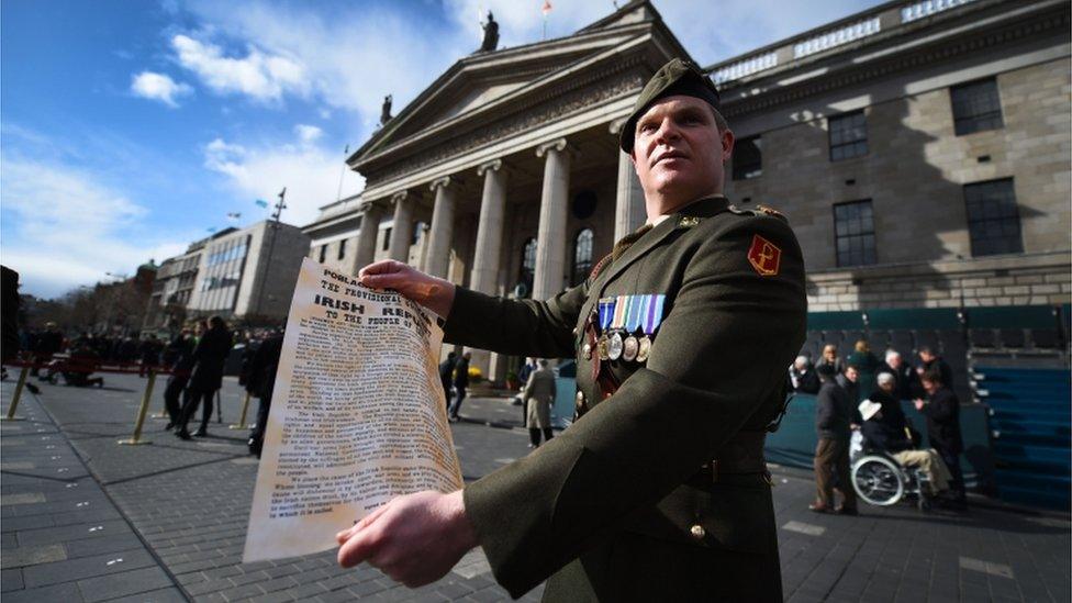 An Irish army officer displays the proclamation of independence