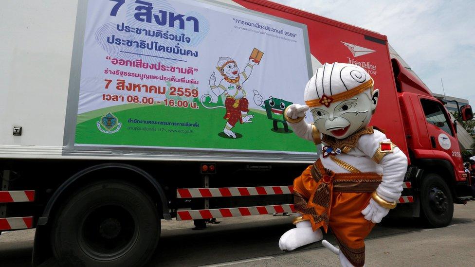 The Thai Election Commission mascot on tour: five million copies of the military-written draft constitution were distributed