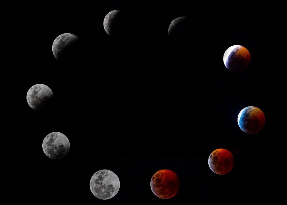 A composite photo shows all the phases of the so-called Super Blood Wolf Moon total lunar eclipse on Sunday January 20, 2019 in Panama City.