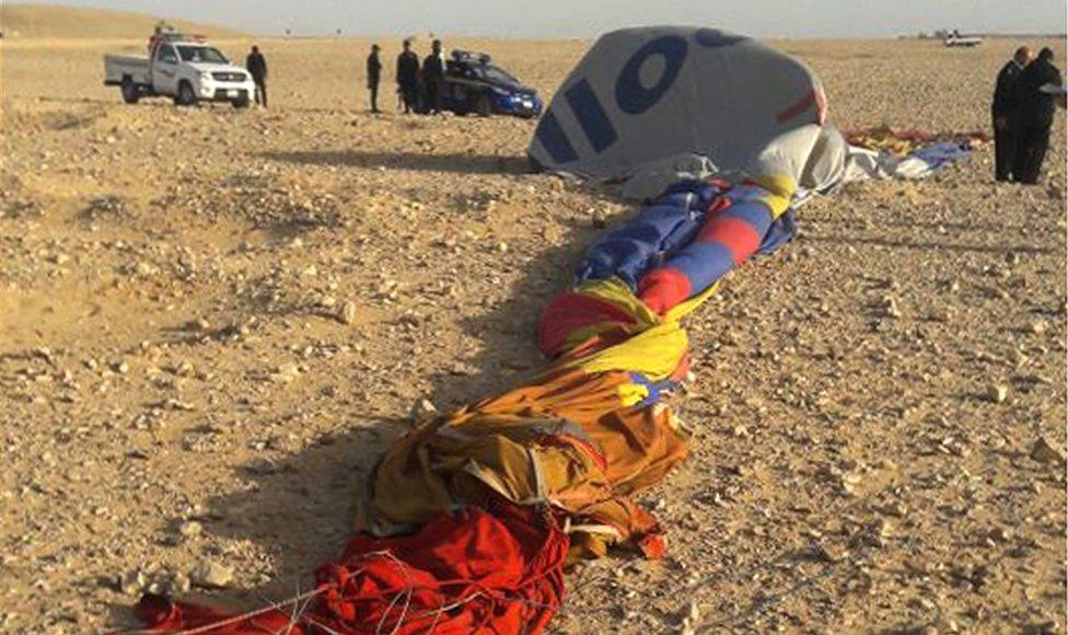 The remains of a hot air balloon near the ancient Egyptian city of Luxor, 5 January 2018