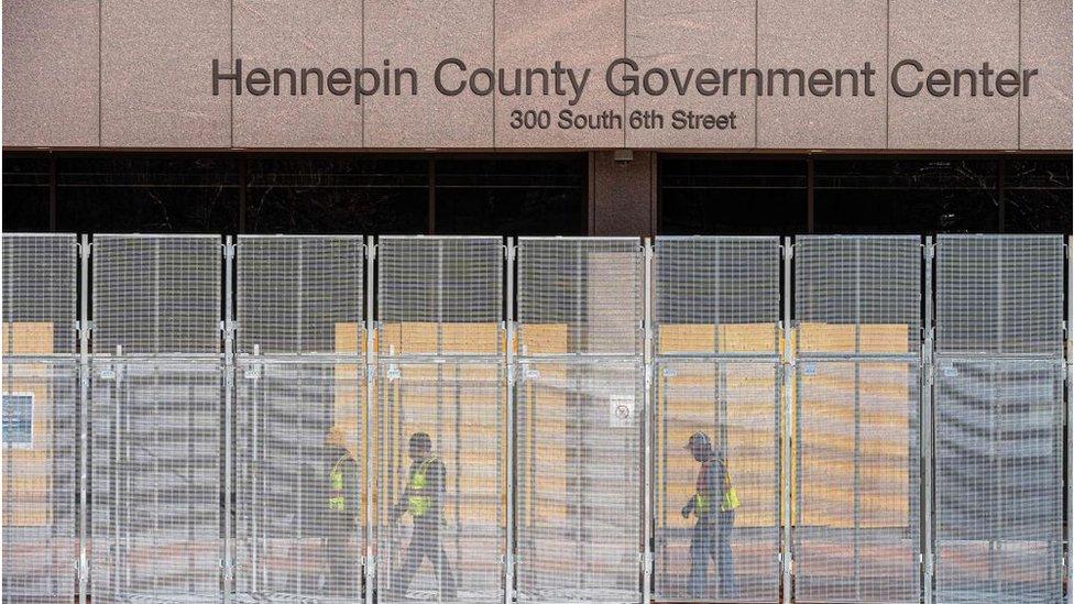 Fences around the Minneapolis courthouse