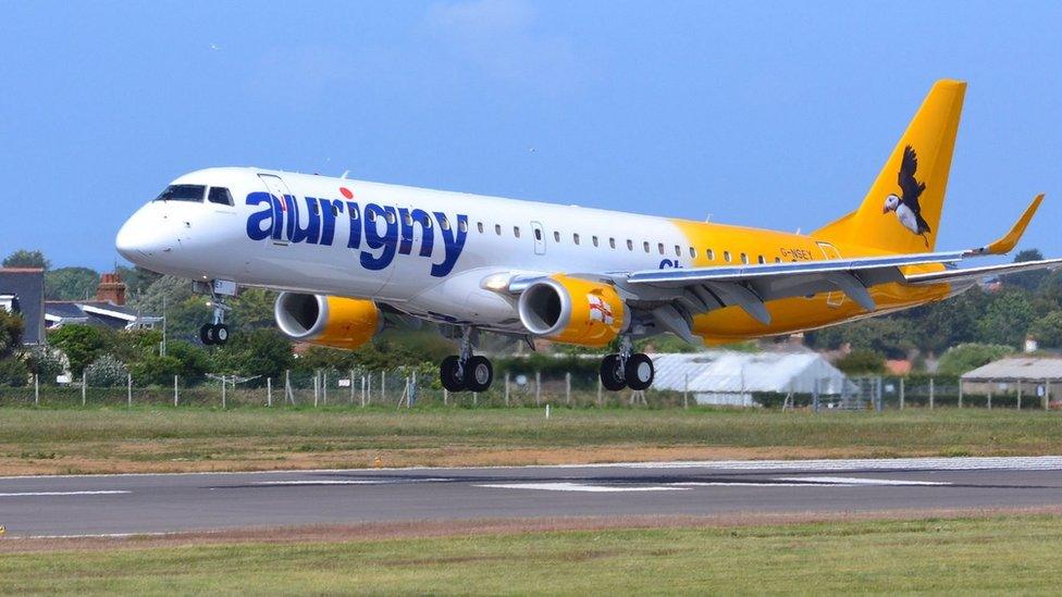 Aurigny Embraer 195 landing at Guernsey Airport