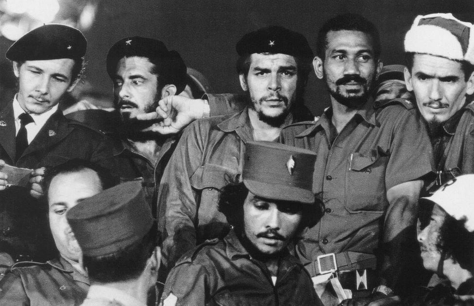 (FILE) A 1959 photograph showing Commanders (L to R) Raul Castro, Antonio Nunez Jimenez, Ernesto "Che" Guevara, Juan Almeida and Ramiro Valdes in Havana during the first year of the Cuban revolution.