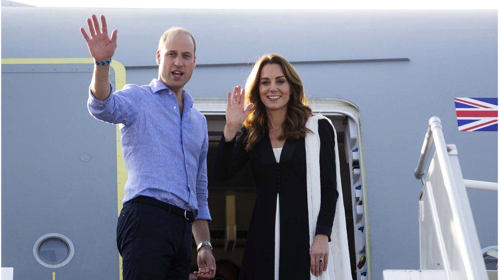 The Duke of Cambridge and Catherine, Duchess of Cambridge wave as they depart from Islamabad airport in Islamabad in Pakistan on 18 October 2019.