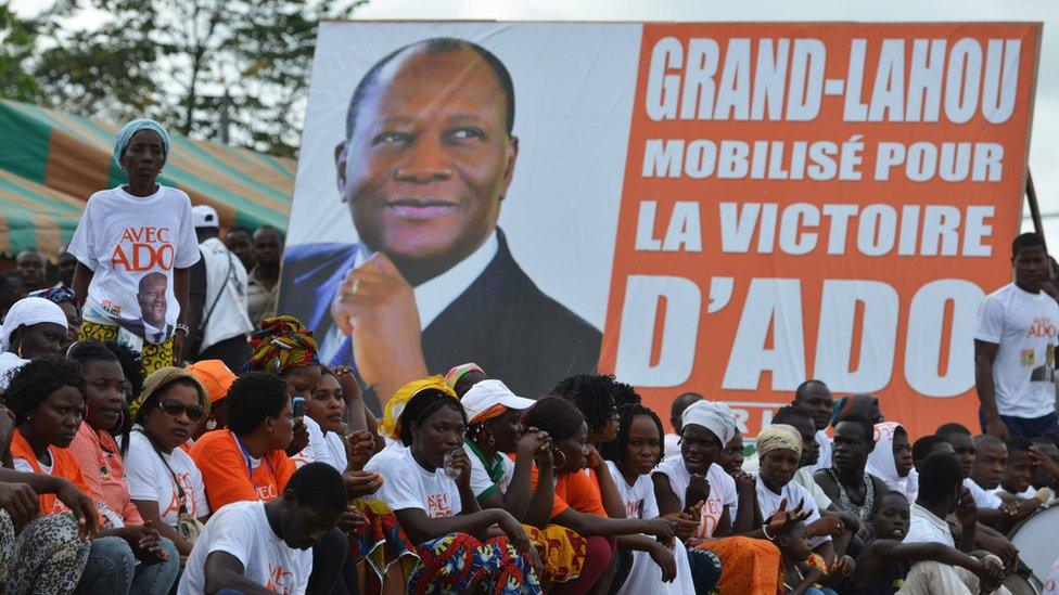 Supporters of Ivory Coast's President Alassane Ouattara and candidate for the upcoming presidential election gather during a presidential election campaign in Grand Lahou