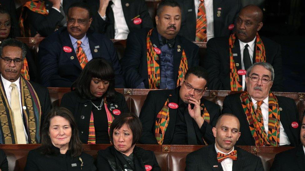 Members of Congress wear black clothing and Kente cloth in protest before the State of the Union address in the chamber of the U.S. House of Representatives January 30, 2018 in Washington, DC.