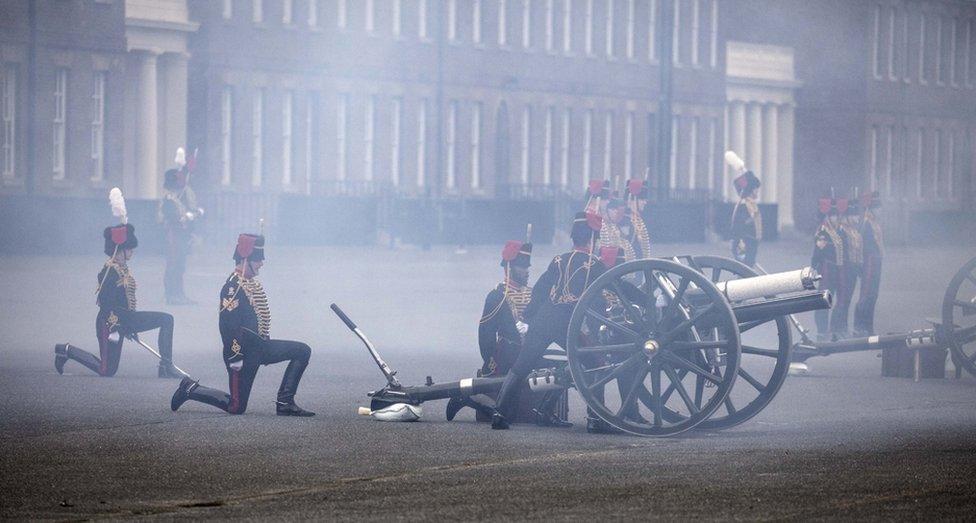 The Death Gun Salute is fired by The Kings Troop Royal Horse Artillery to mark the passing of Britain's Prince Philip, Duke of Edinburgh, at the Parade Ground, Woolwich Barracks in London. 10 April 2021