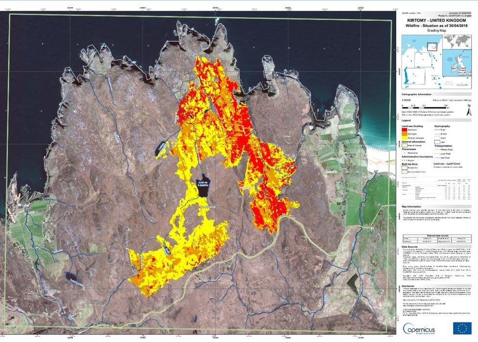 A satellite images show wildfires in north Sutherland