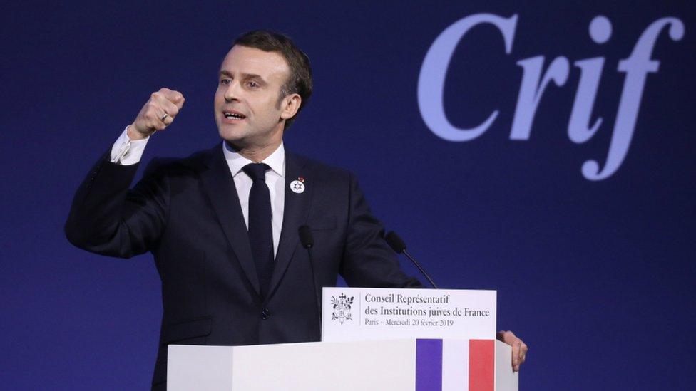 French President Emmanuel Macron speaks during the 34th annual dinner of the Representative Council of Jewish Institutions of France (CRIF) at the Louvre Carrousel in Paris, 20 February 2019