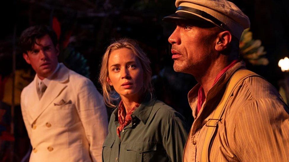 Jack Whitehall, Emily Blunt and Dwayne "The Rock" Johnson in Jungle Cruise.