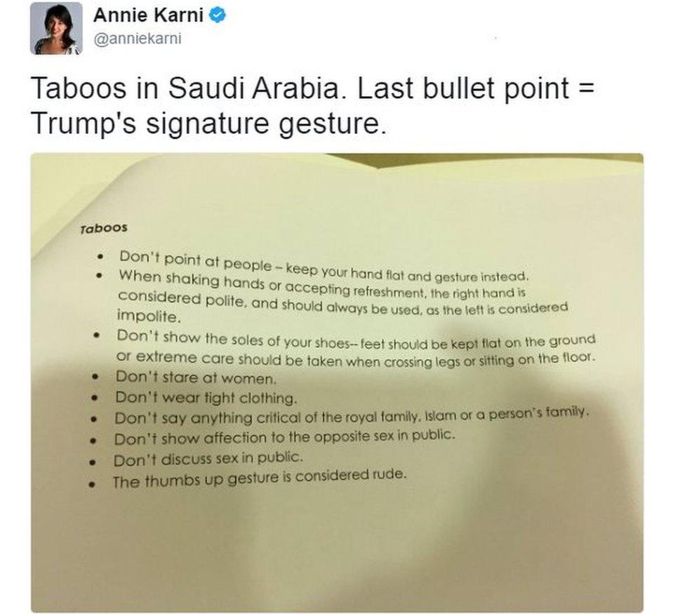 Tweet from Politico reporter Annie Karni shows document distributed by the US embassy in Riyadh which says that a thumbs up sign is considered rude in Saudi Arabia