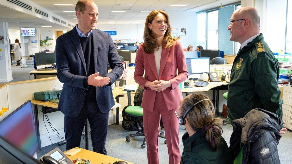 The Duke and Duchess of Cambridge talking with staff during a visit to the London Ambulance Service 111 control room in Croydon, south London