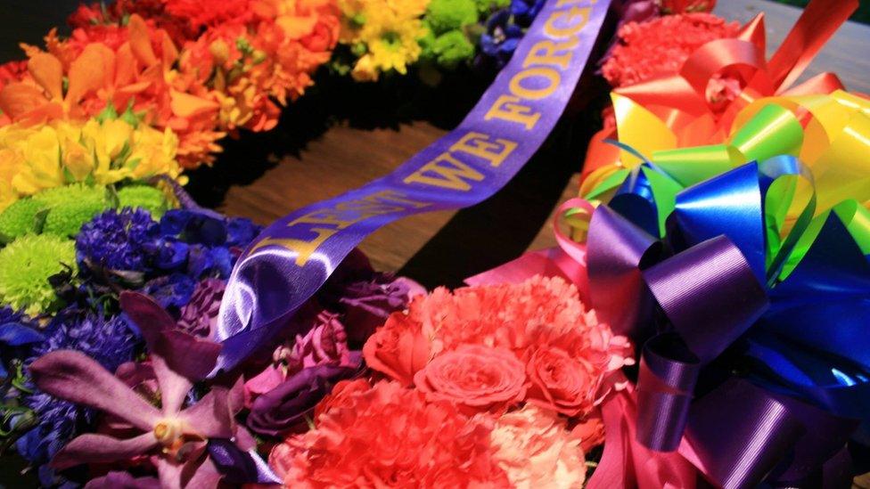 A rainbow wreath laid in Canberra at last year's Anzac centenary