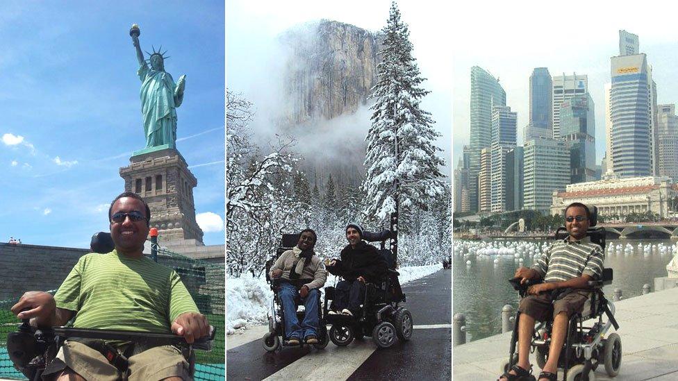 Three of Srin's holiday photos - in New York, with Martyn in Yosemite, and in Singapore