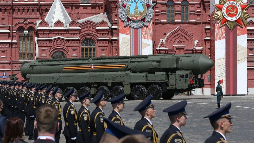 Russian nuclear missile rolls along Red Square during the military parade marking the 75th anniversary of Nazi defeat, on June 24, 2020 in Moscow, Russia. T