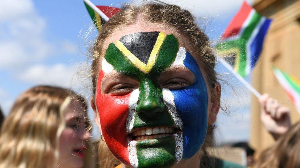 A rugby fan with her face painted with the South African flag at Union Buildings on November 02, 2023 in Pretoria, South Africa.