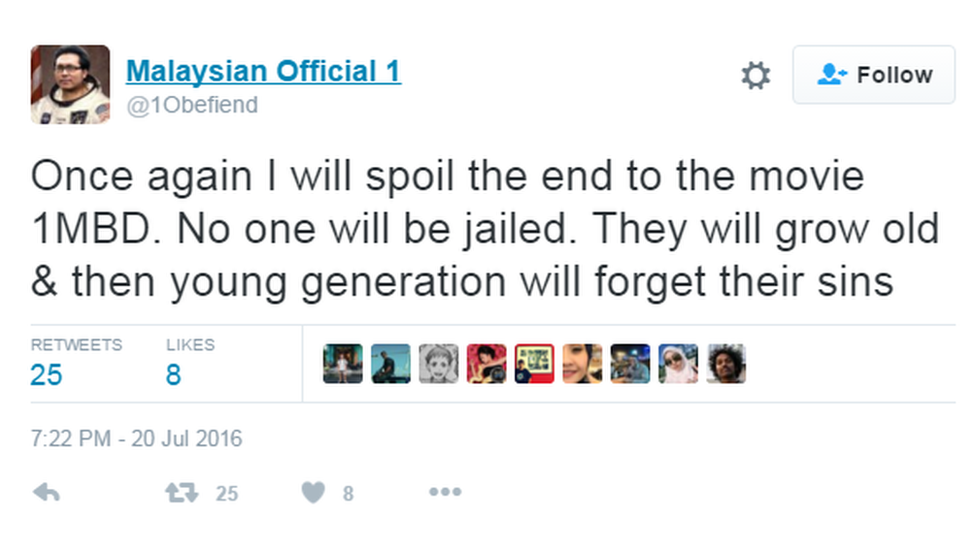 "Once again I will spoil the end to the movie 1MDB. No one will be jailed. They will grow old and then young generation will forget their sins."