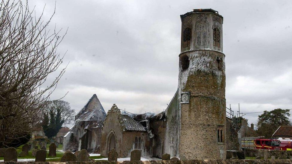 The fire-ravaged St Mary's Church at Beachamwell