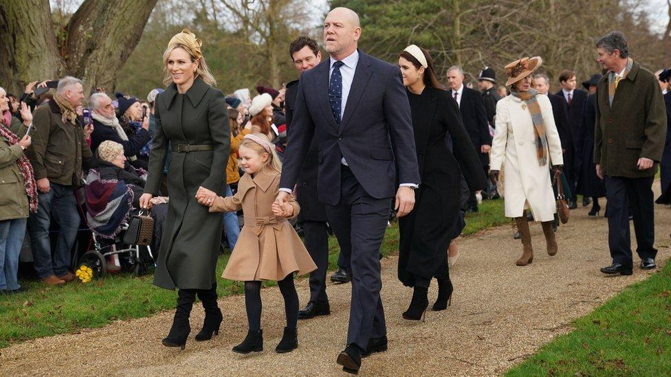 Zara Tindall, Lena Tindall, Jack Brooksbank, Mike Tindall, Princess Eugenie, the Princess Royal and Vice Admiral Sir Tim Laurence