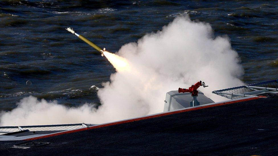 A live-fire drill using an aircraft carrier is seen carried out in the Bohai sea, China