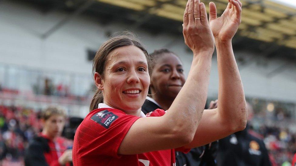 Manchester United striker Rachel Williams celebrates after beating Brighton in the Women's FA Cup semi-final