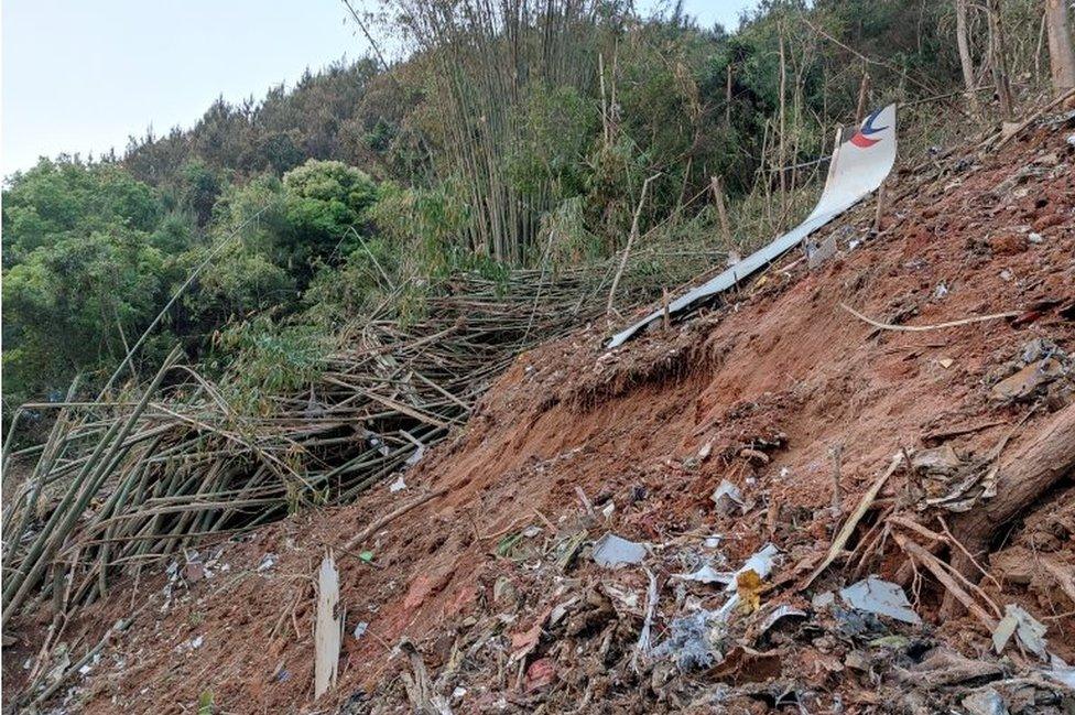 Plane debris is seen at the site where a China Eastern Airlines Boeing 737-800 plane flying from Kunming to Guangzhou crashed, in Wuzhou, Guangxi Zhuang Autonomous Region, China March 21, 2022.