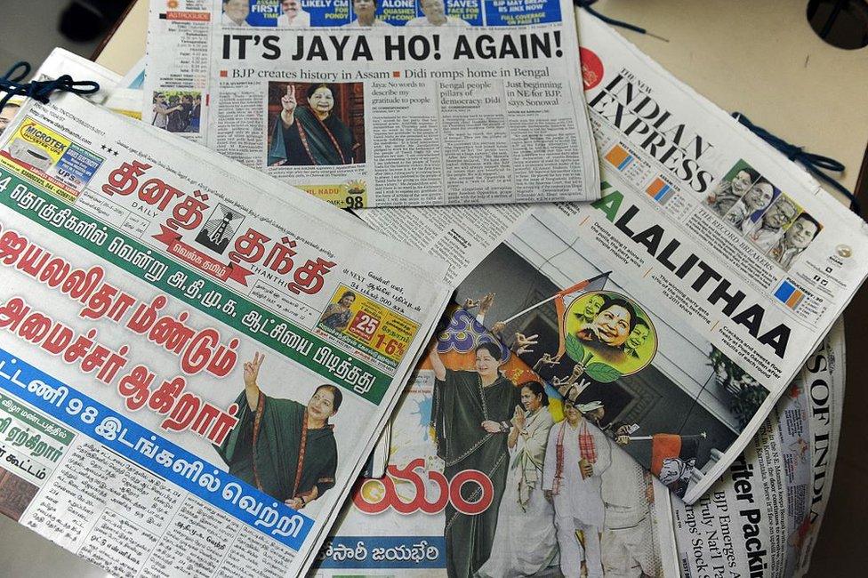 ndian newspapers show the election result victory for Jayalalithaa Jayaram, leader of the All India Anna Dravida Munnetra Kazhagam (AIADMK), in Chennai on May 20, 2016. T