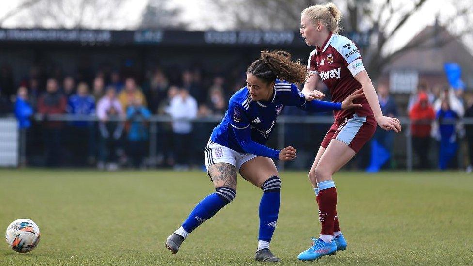 Natasha Thomas of Ipswich Town and Grace Fisk of West Ham United compete for the ball during the Vitality Women's FA Cup Quarter Final match between Ipswich Town Women and West Ham United Women