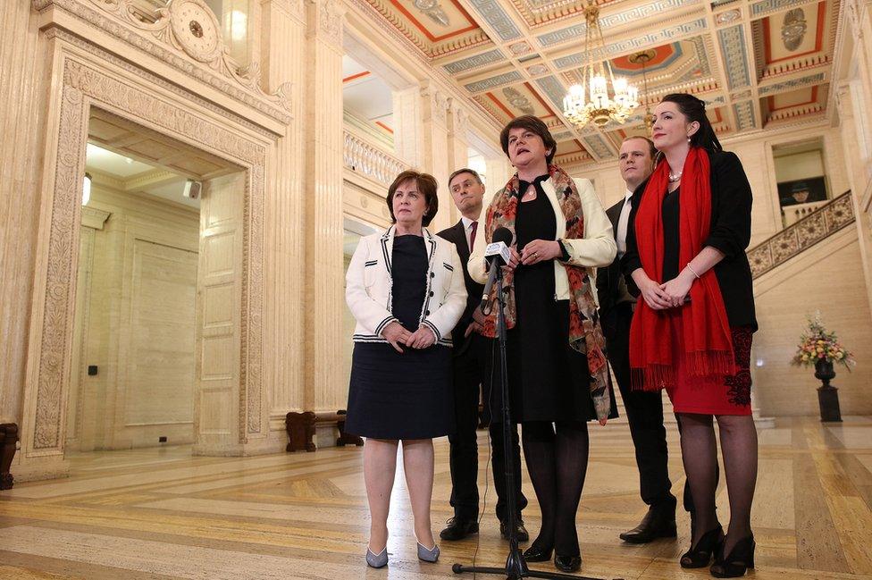 Arlene Foster and fellow DUP members in Stormont's Great Hall