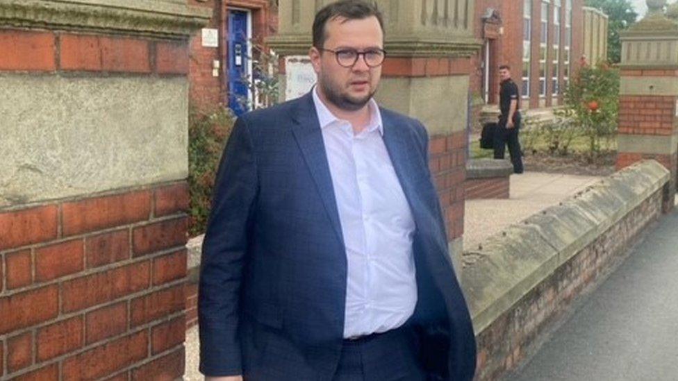 PC Henry Green leaves the hearing being held in Goole