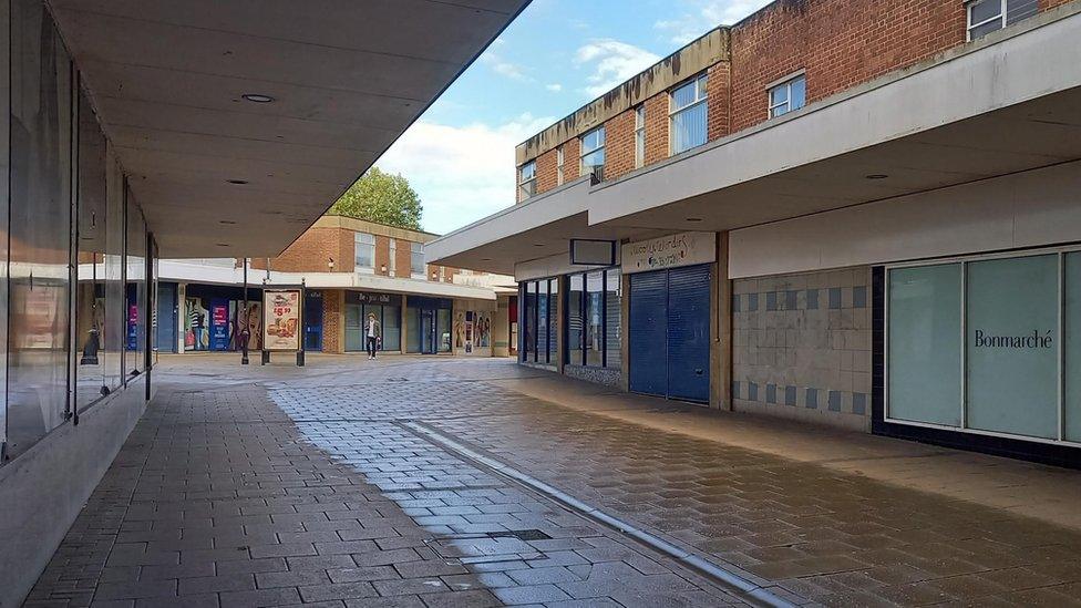 Walkway through Yeovil with empty shops