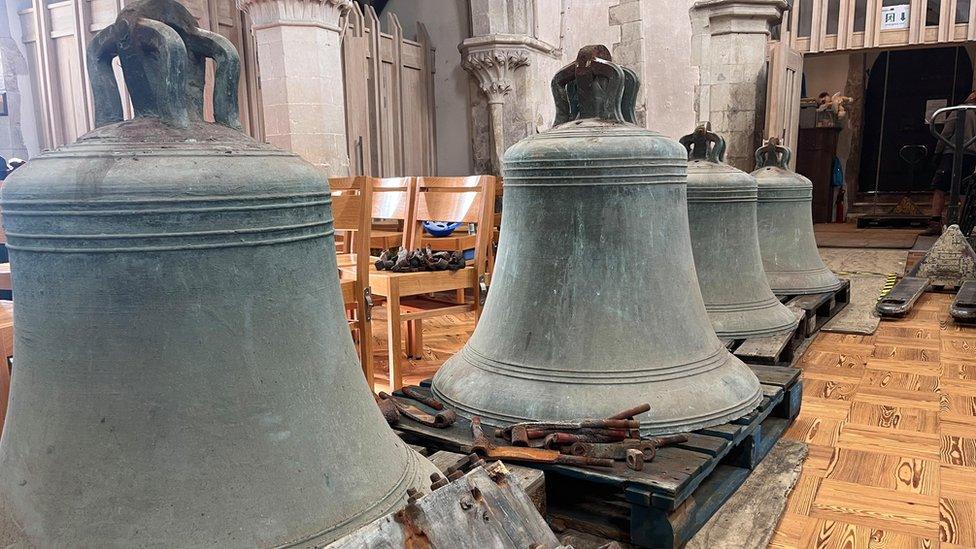 Bells sit in the middle of St Leonard's church