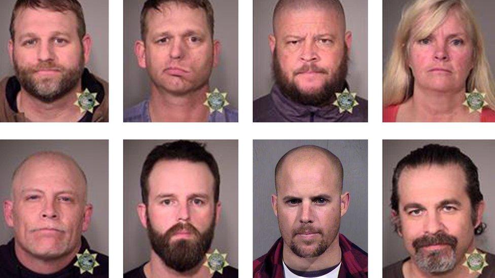 Pictures of Ammon Bundy, Ryan Bundy, Brian Cavalier and Shawna Cox, Joseph Donald O'Shaughnessy, Ryan Payne, Jon Eric Ritzheimer and Peter Santilli